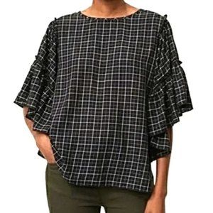 Loft Plaid Checkered Ruffle Sleeve Blouse